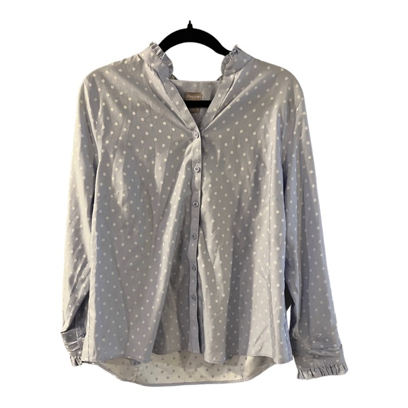 Chico's Tops - Chico’s Non Iron Size 1 8-10 Blue White Polka Dot Ruffle Collar Sleeves Office
